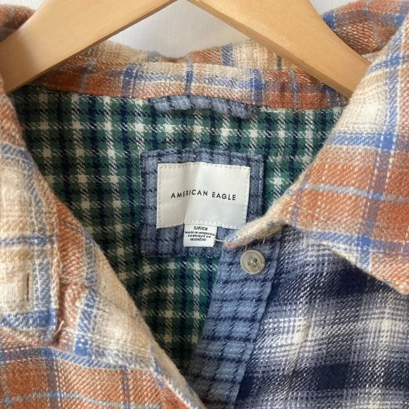American Eagle | Patchwork Plaid Flannel Shirt - Blue, Orange, Green - Picture 4 of 8